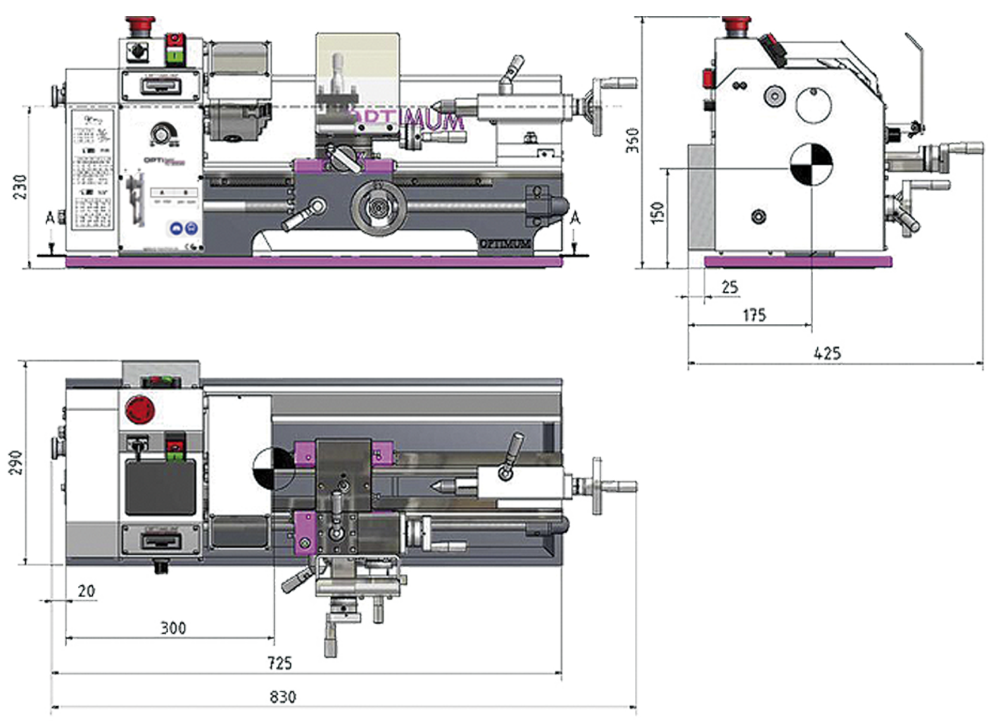 Dimensions du tour Optimum TU 2004 V 