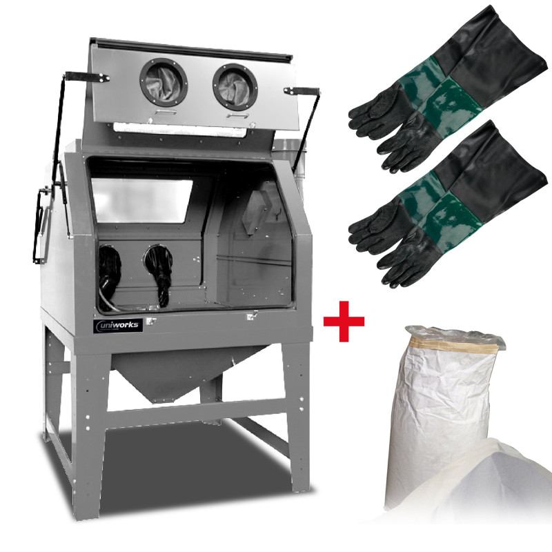 Cabine de sablage avec aspiration, gants et abrasif  1200 litres avec double ouverture  Uniworks ACSB120