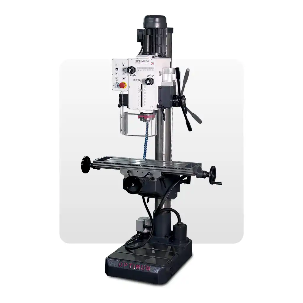 Perceuse-fraiseuse Optimum avec table longitudinale et commandes latérales.