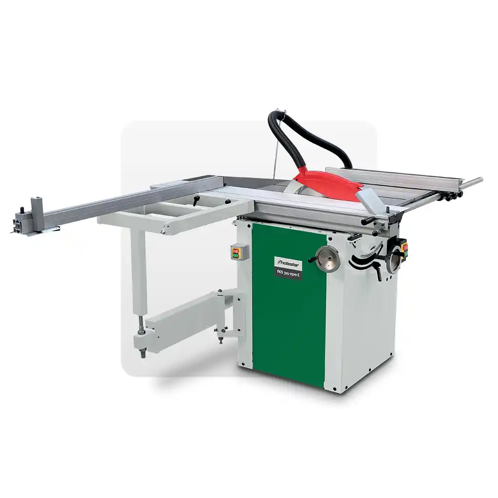 Scie à format Holzstar avec chariot coulissant, capot de protection et système d’aspiration.