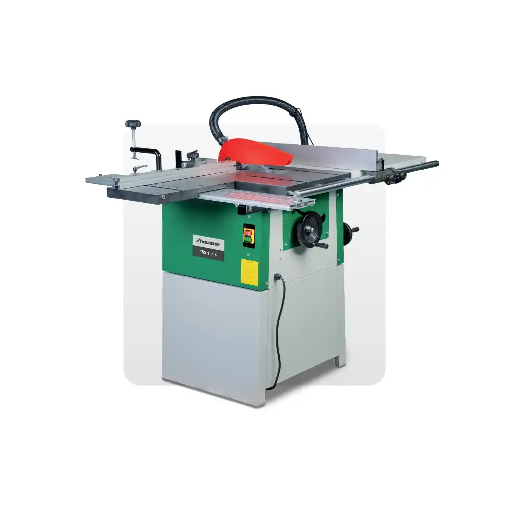 Scie sur table Holzstar TKS 254 E compacte avec lame circulaire et guide de coupe.